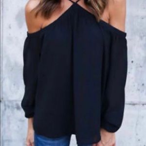 Women Black Cold/Off the Shouder Halter Top S